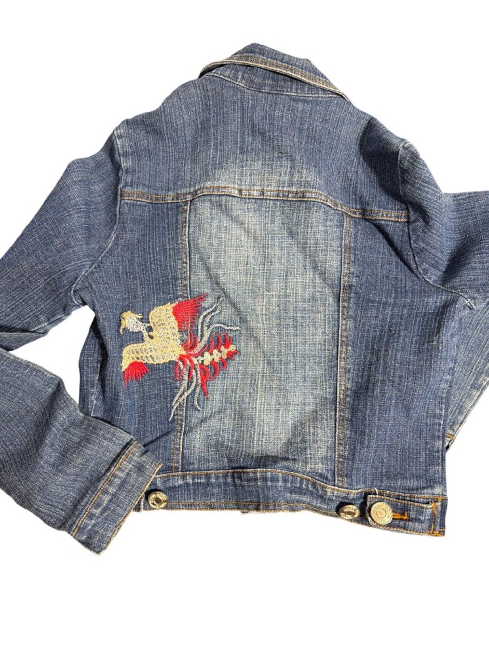 Boom Boom Jeans Denim Jacket Embroidered Phoenix Stretch Silver Buttons Sz M